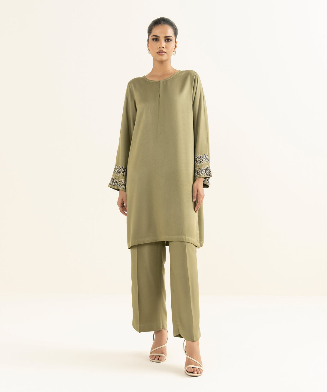 Women's RTW Bedford  Embroidered Olive Green Straight Shirt