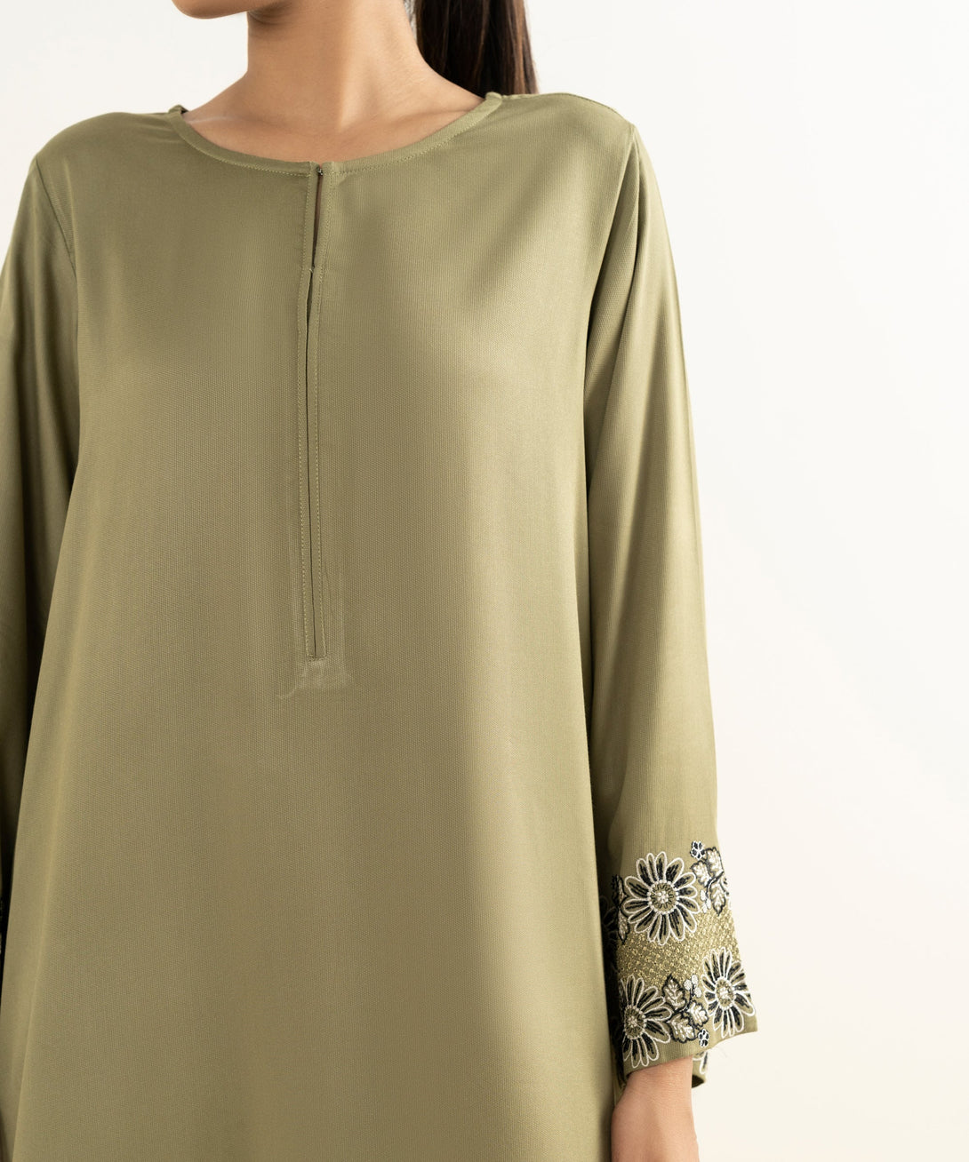 Women's RTW Bedford  Embroidered Olive Green Straight Shirt