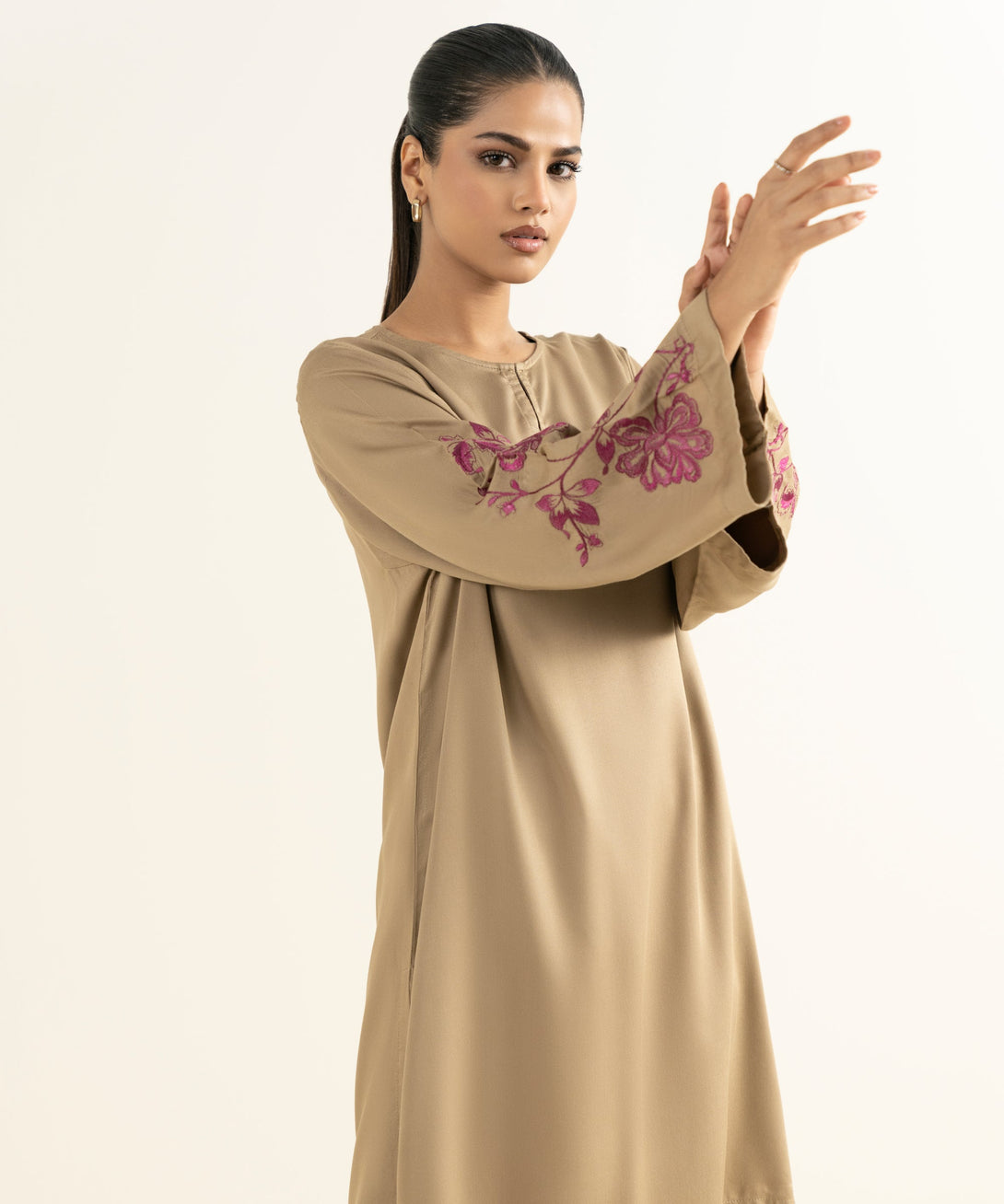 Women's RTW Bedford  Embroidered Beige Straight Shirt
