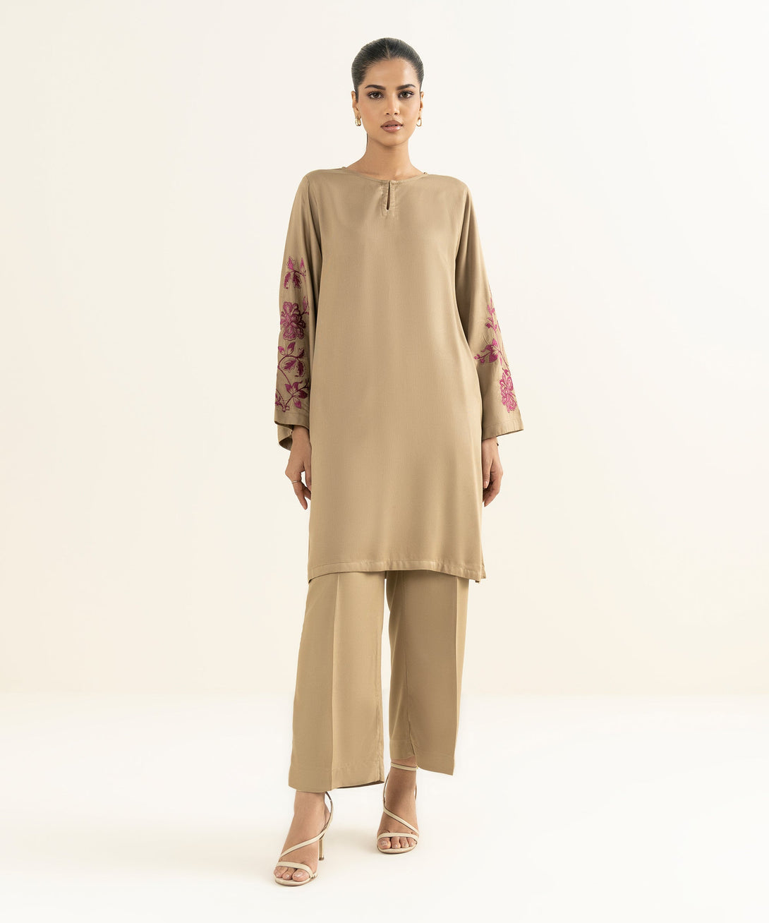 Women's RTW Bedford  Embroidered Beige Straight Shirt