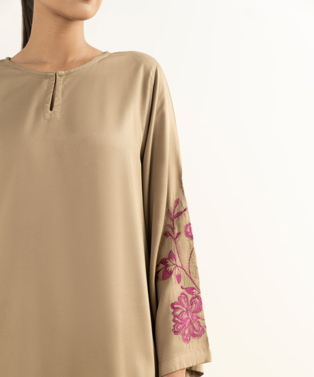 Women's RTW Bedford  Embroidered Beige Straight Shirt