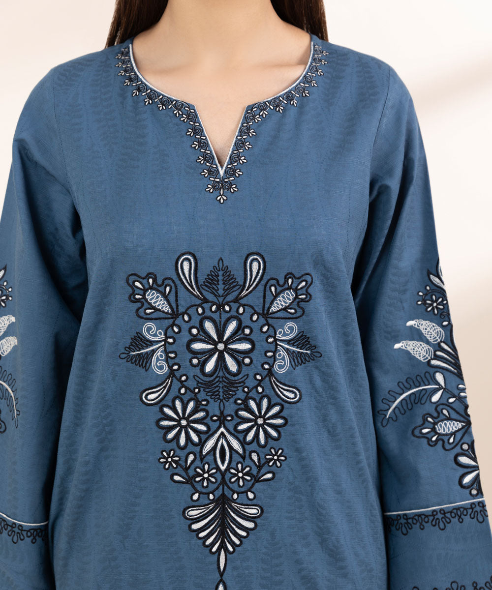 Women's Pret Cambric Blue Embroidered A-Line Shirt