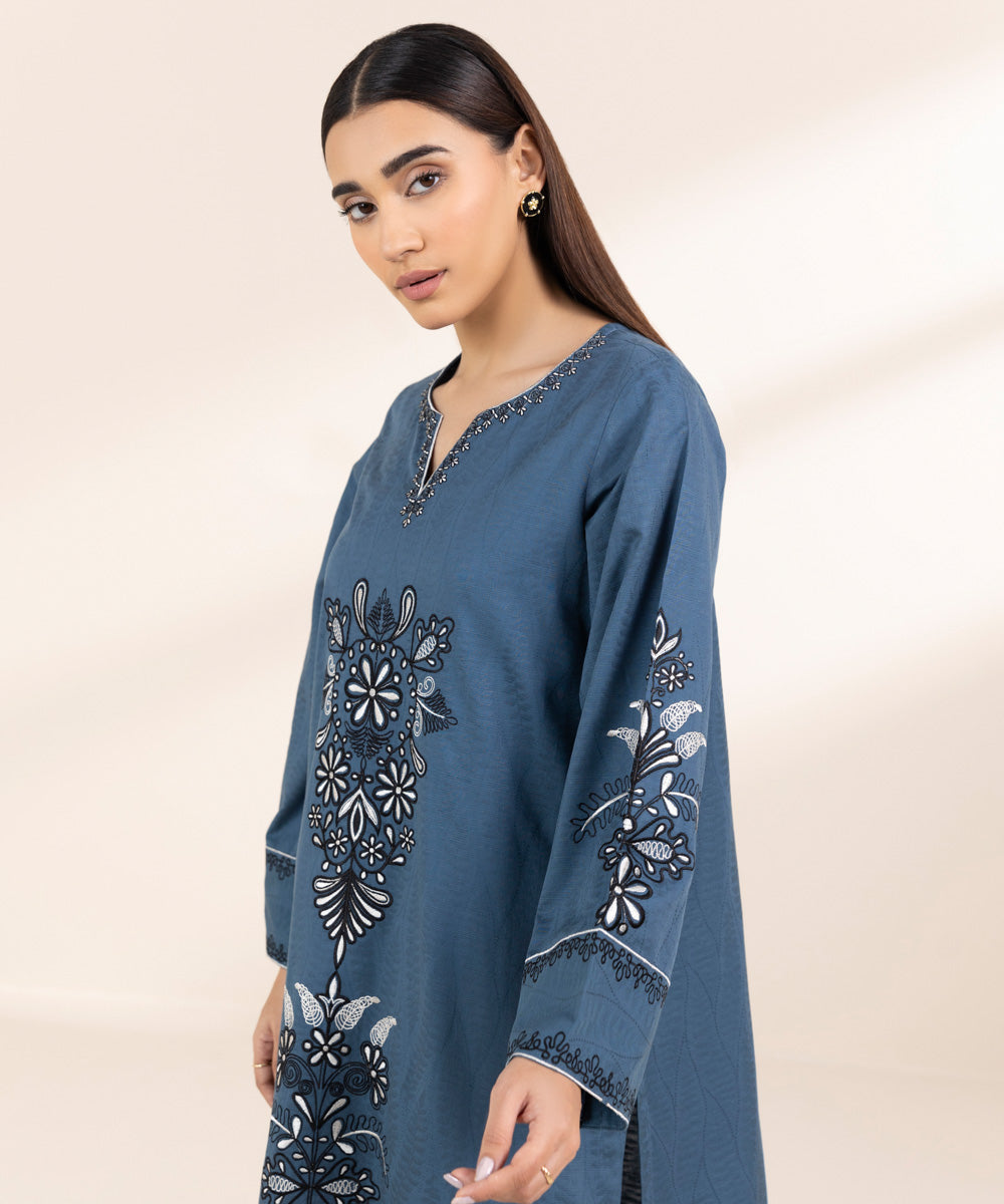 Women's Pret Cambric Blue Embroidered A-Line Shirt