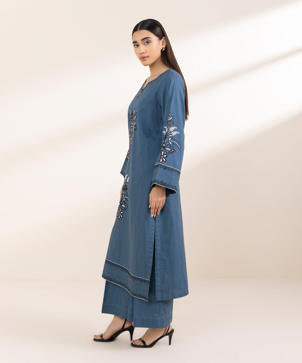 Women's Pret Cambric Blue Embroidered A-Line Shirt