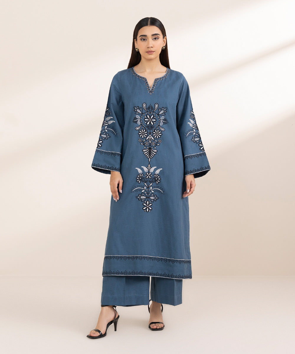 Women's Pret Cambric Blue Embroidered A-Line Shirt