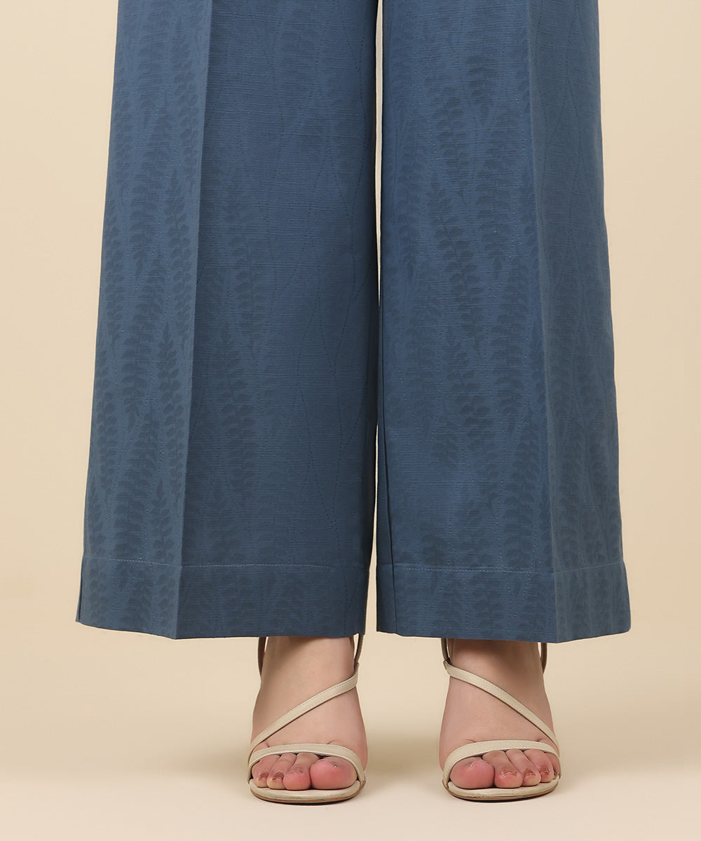 Women's Pret Cotton Jacquard Blue Solid Culottes