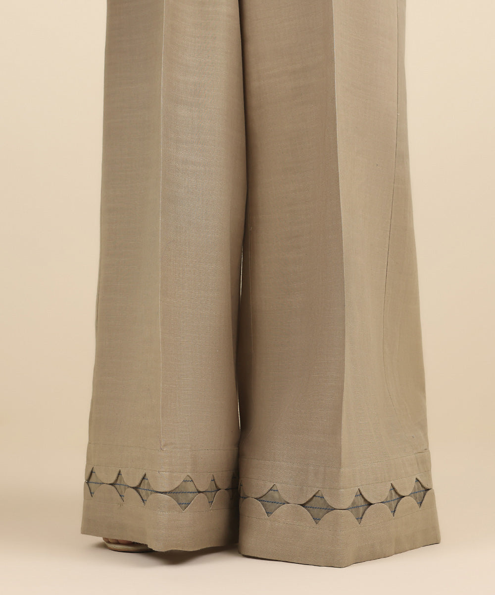 Women's Pret Cotton Jacquard Beige Solid Flared Pants