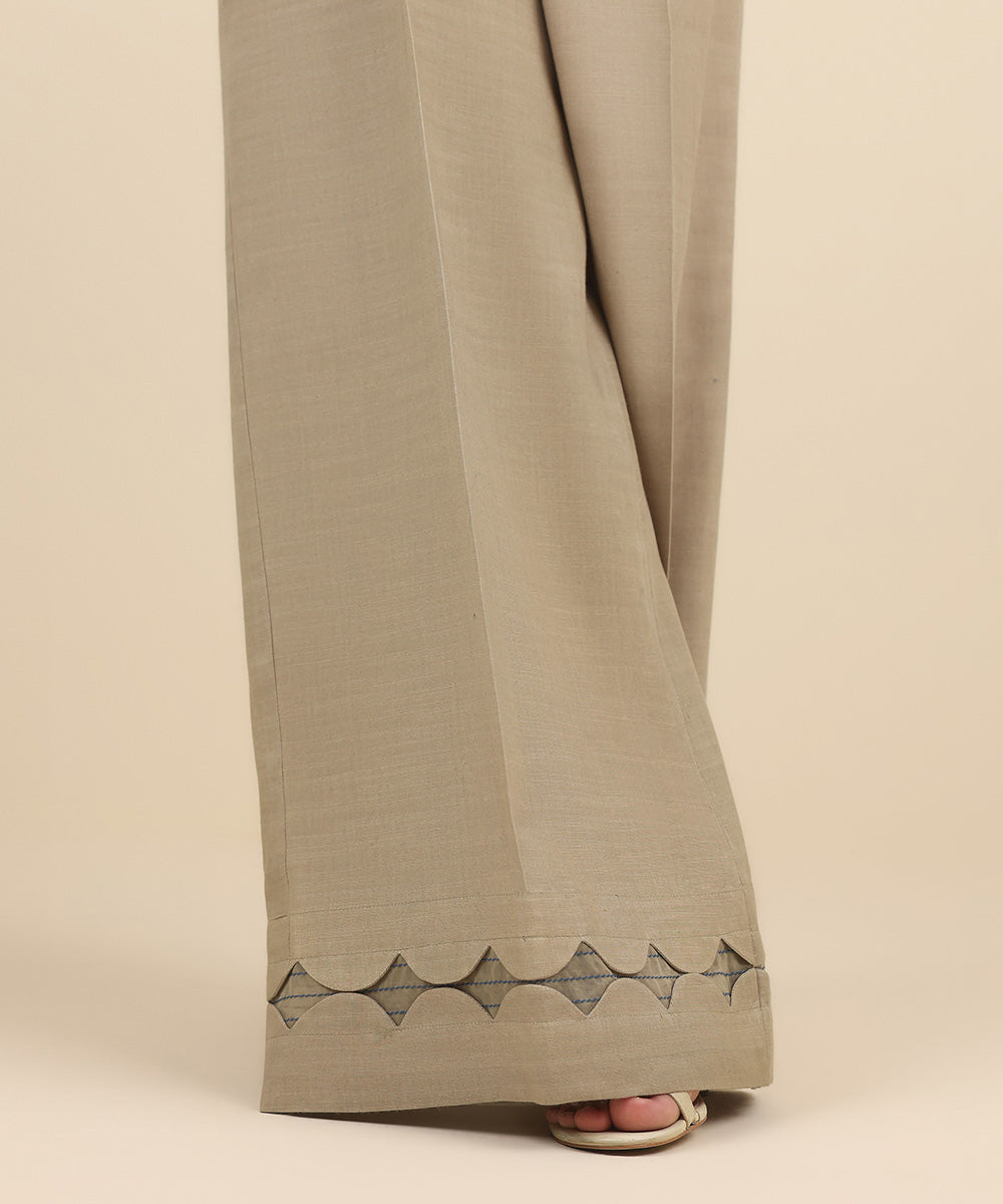 Women's Pret Cotton Jacquard Beige Solid Flared Pants