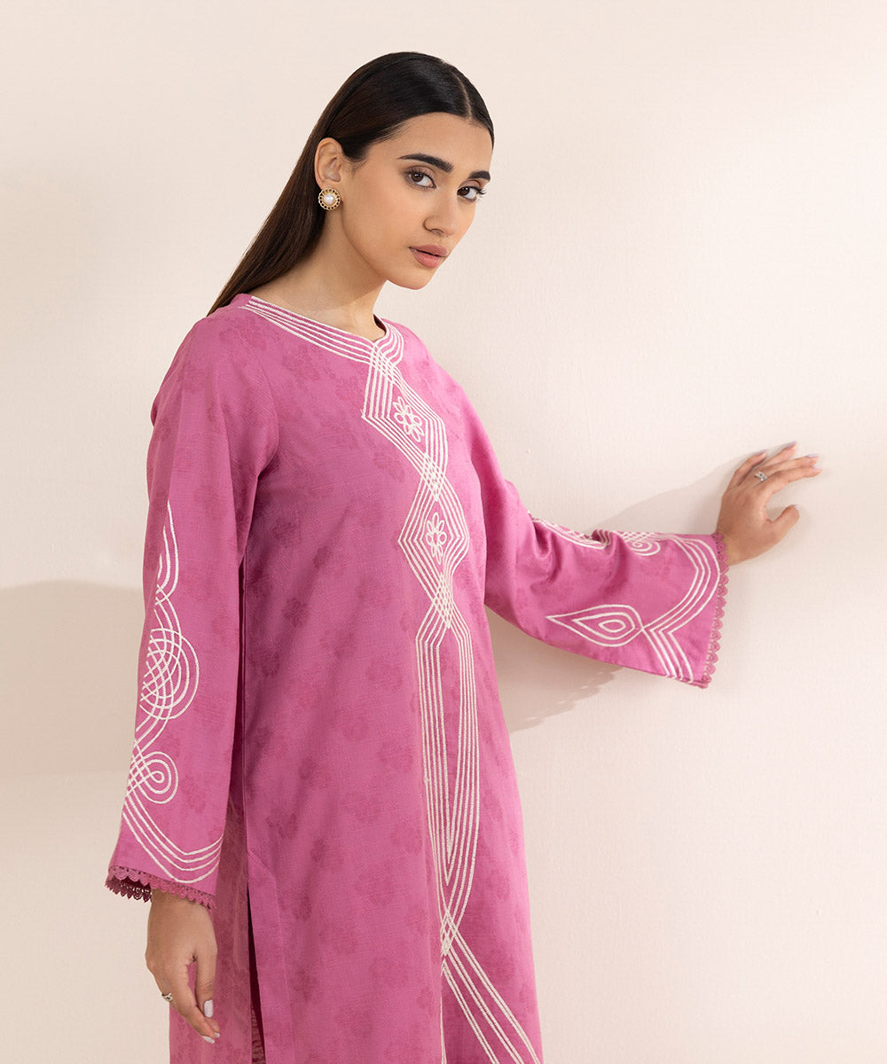 Women's Pret Cambric Pink Embroidered A-Line Shirt