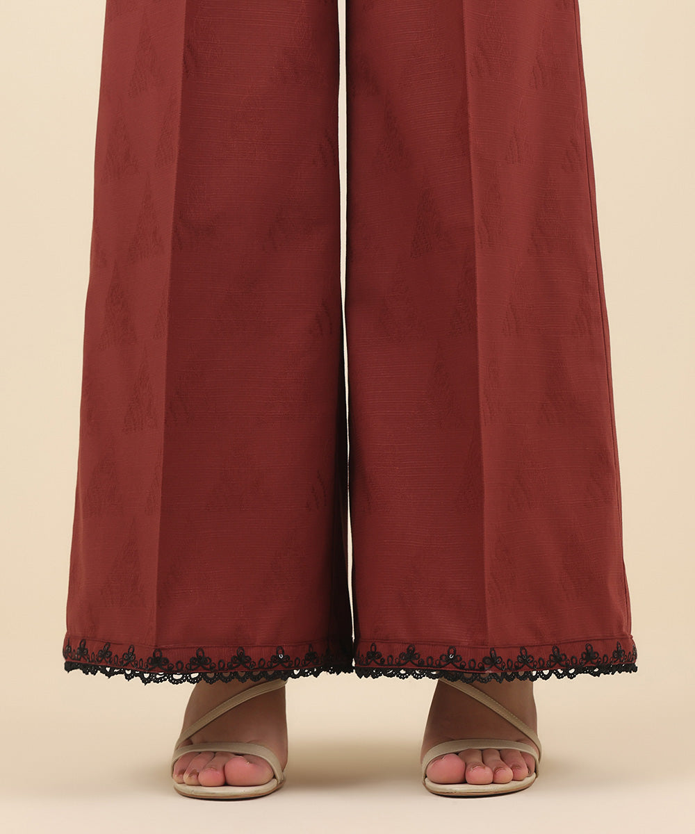 Women's Pret Cotton Jacquard Red Embroidered Culottes