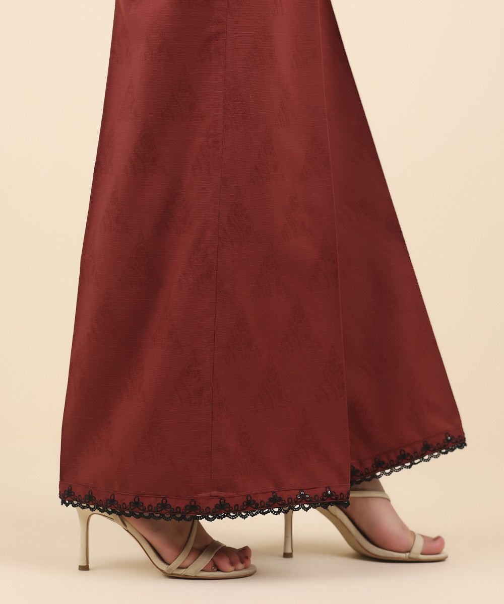 Women's Pret Cotton Jacquard Red Embroidered Culottes