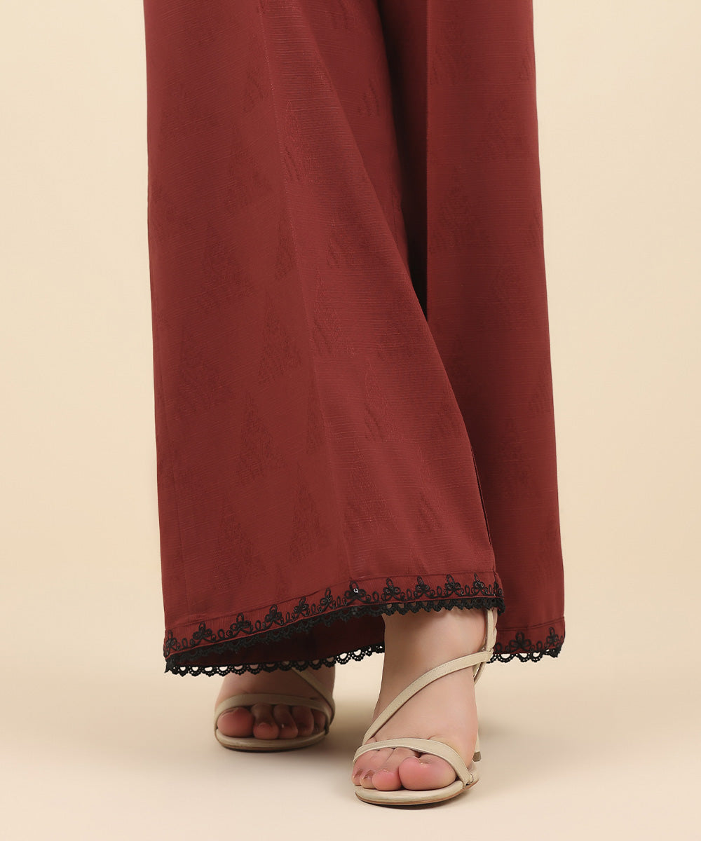 Women's Pret Cotton Jacquard Red Embroidered Culottes