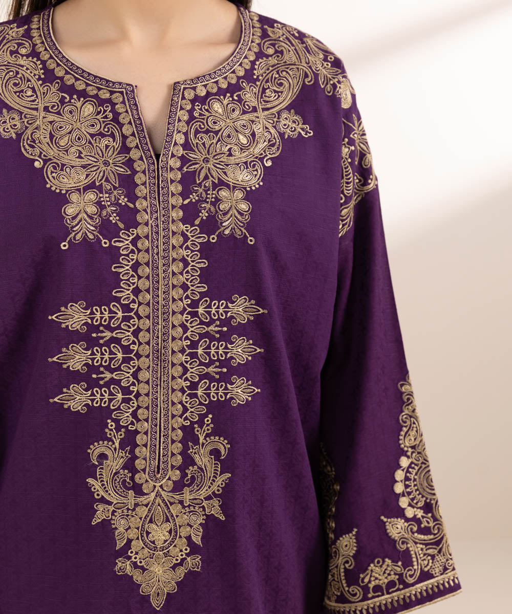 Women's Pret Cambric Purple Embroidered Boxy Shirt