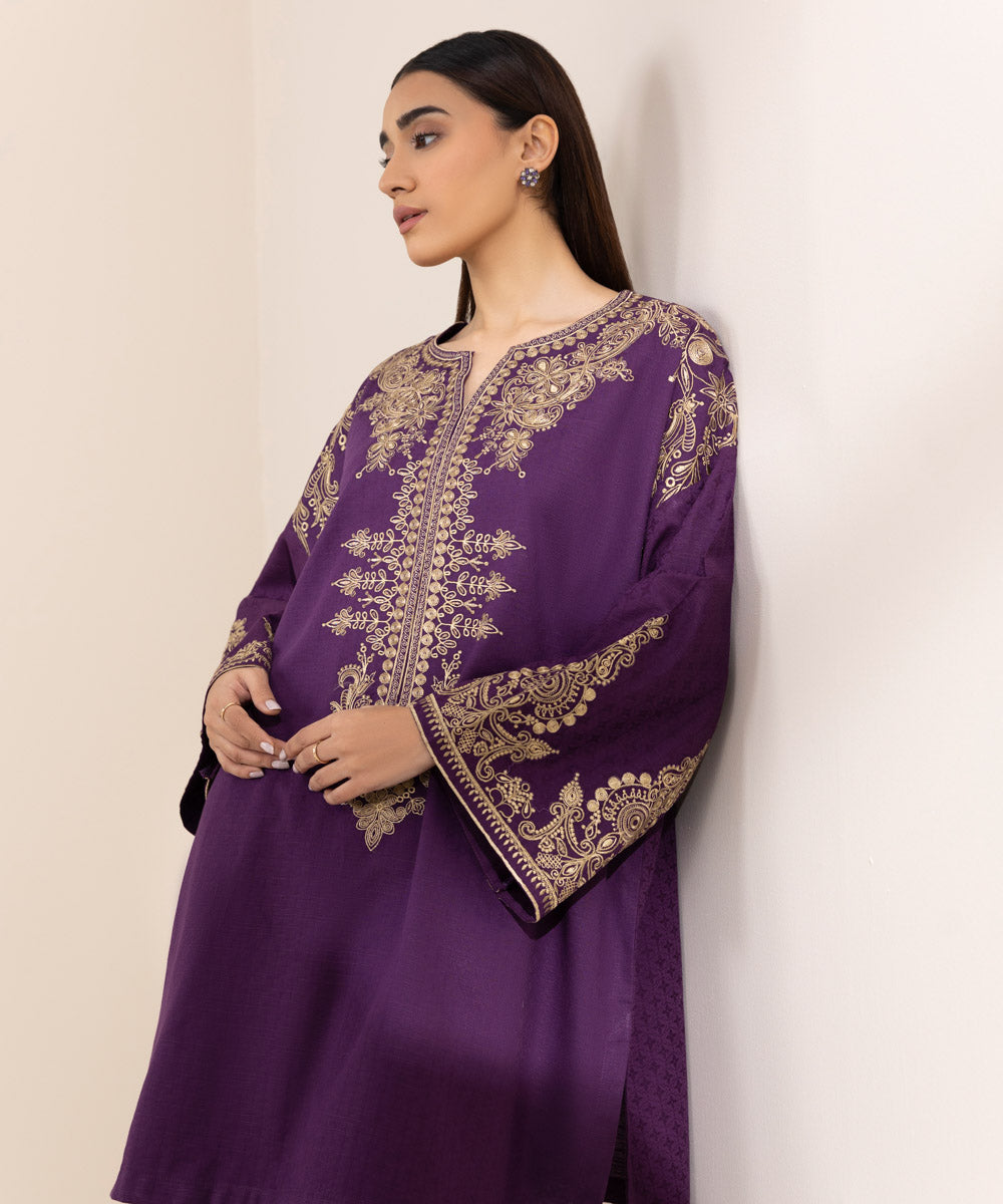 Women's Pret Cambric Purple Embroidered Boxy Shirt