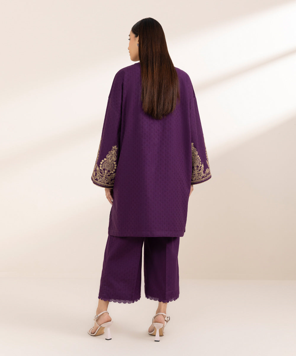 Women's Pret Cambric Purple Embroidered Boxy Shirt