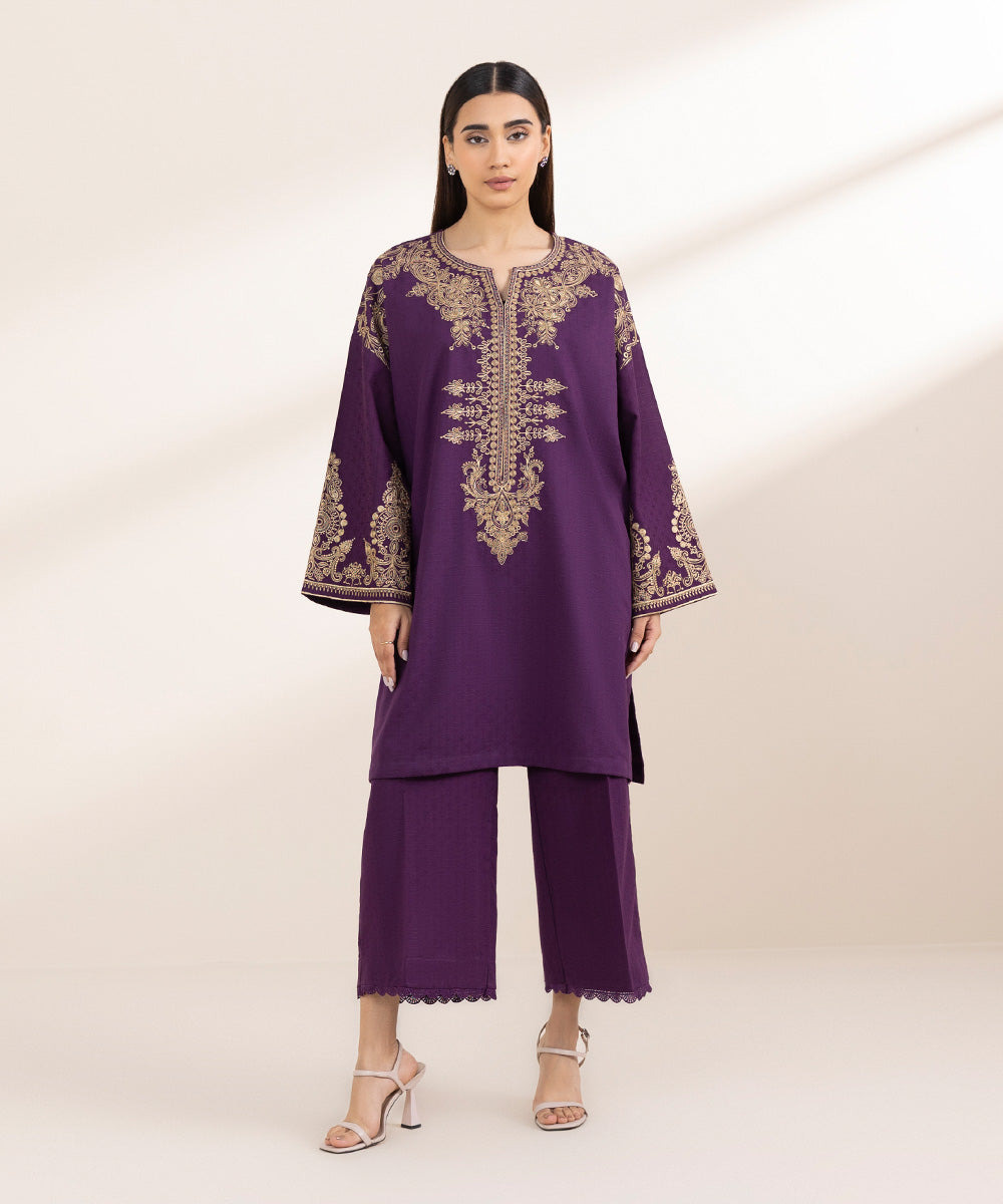 Women's Pret Cambric Purple Embroidered Boxy Shirt