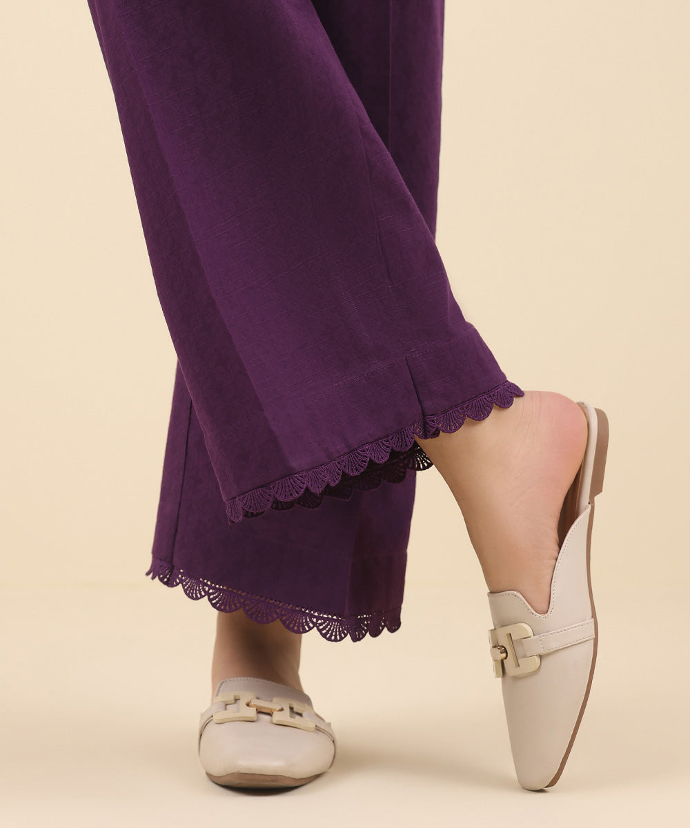 Women's Pret Cotton Jacquard Purple Solid Culottes