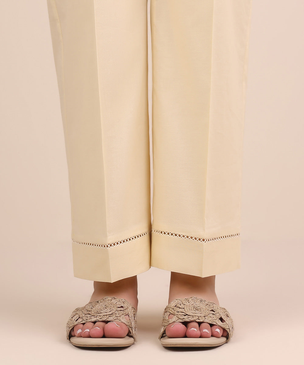 Women's RTW Cambric Beige Solid Straight Pants
