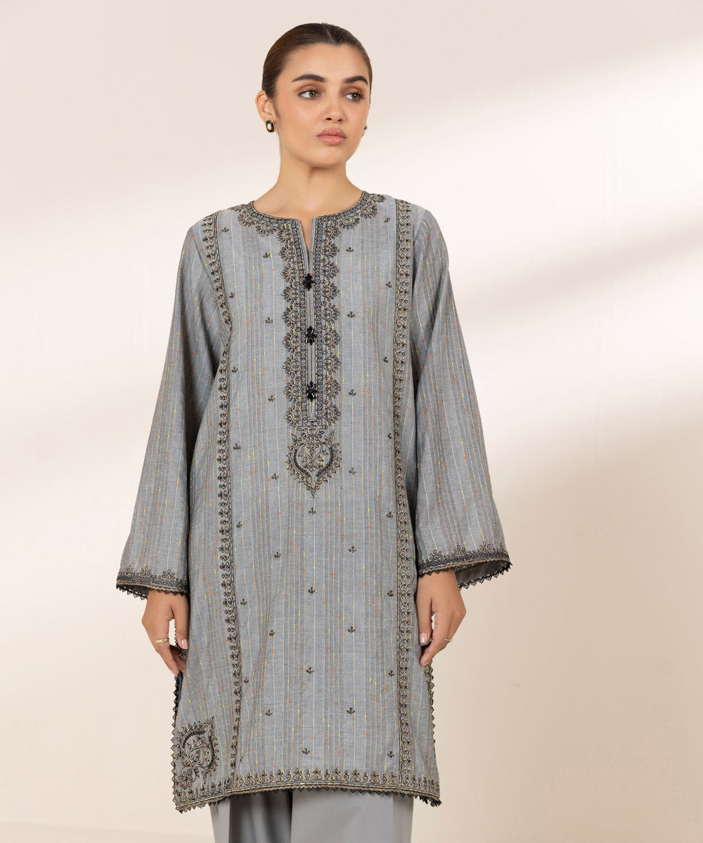 Women's RTW Textured Lawn Grey Embroidered A-Line Shirt
