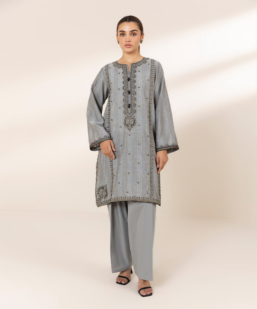Women's RTW Textured Lawn Grey Embroidered A-Line Shirt