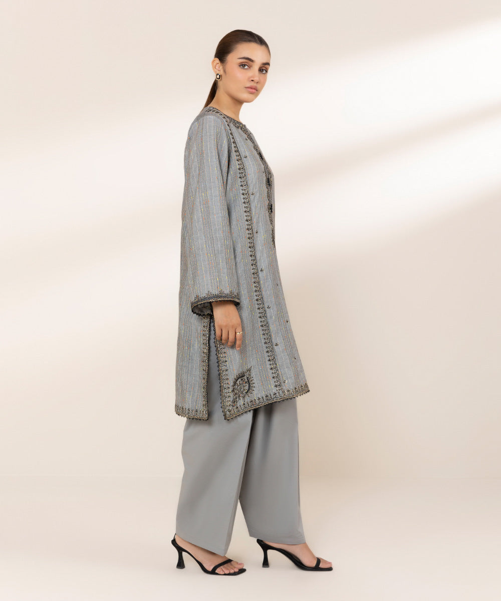 Women's RTW Textured Lawn Grey Embroidered A-Line Shirt