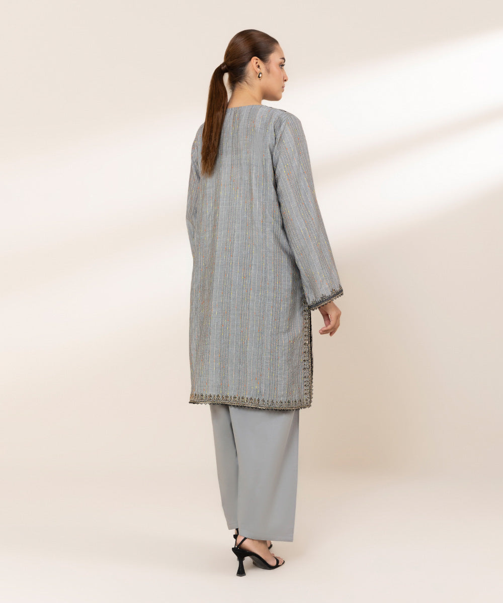 Women's RTW Textured Lawn Grey Embroidered A-Line Shirt