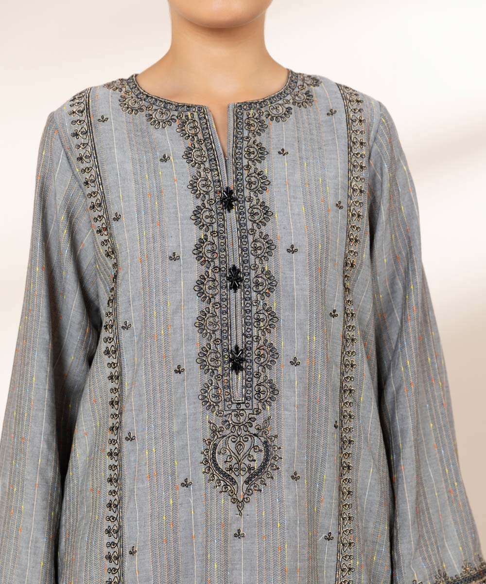 Women's RTW Textured Lawn Grey Embroidered A-Line Shirt