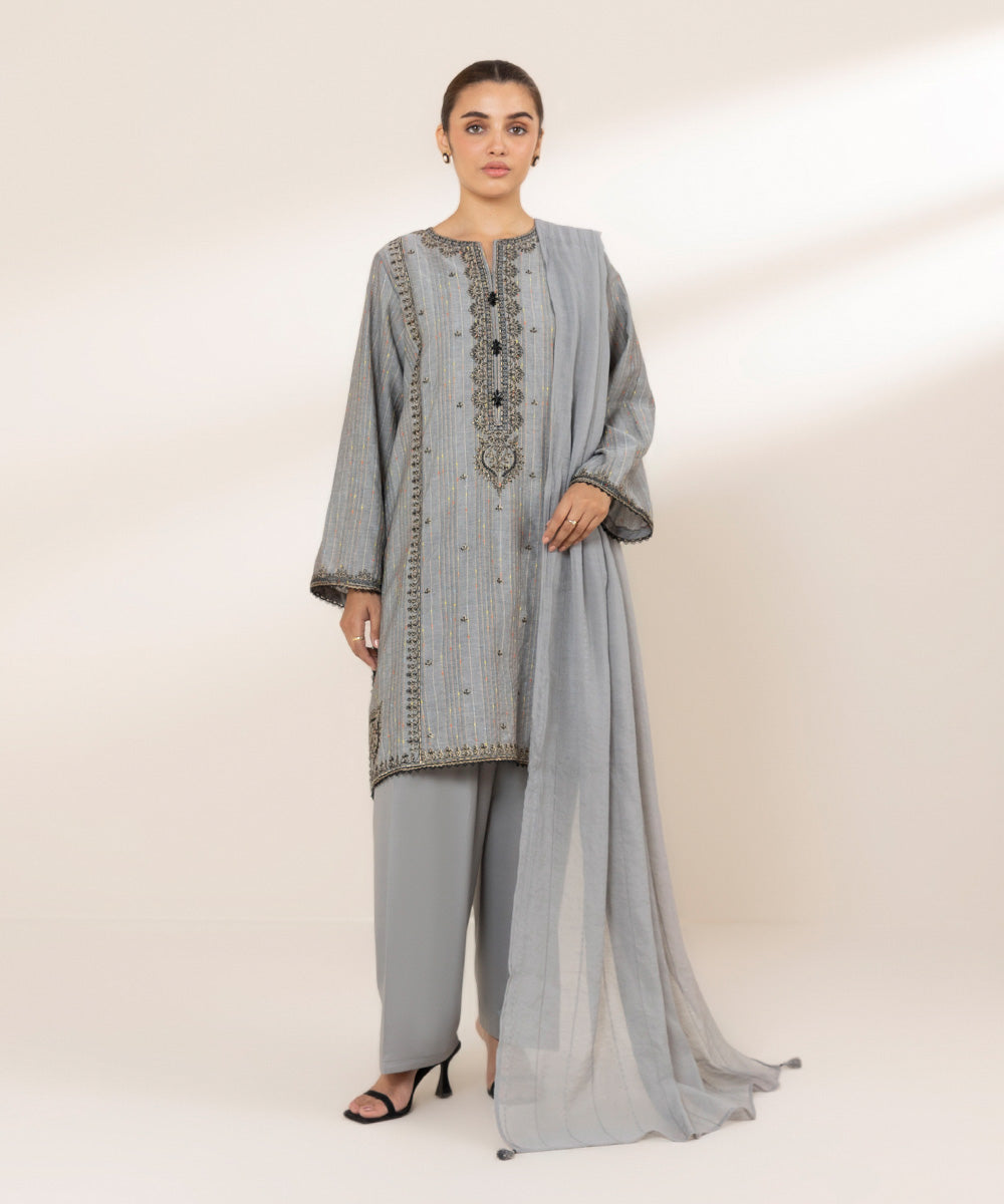 Women's RTW Textured Lawn Grey Embroidered A-Line Shirt