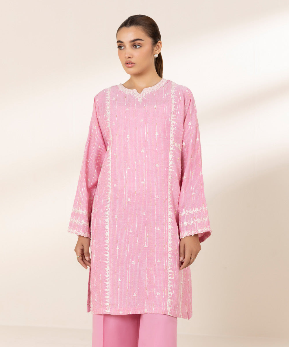 Women's RTW Textured Lawn Pink Embroidered Boxy Shirt
