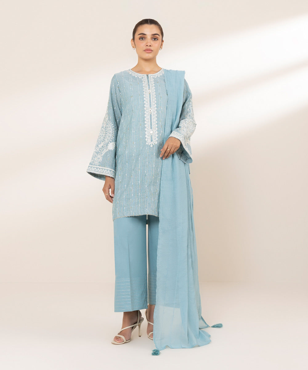 Leno Blue Solid Dupatta