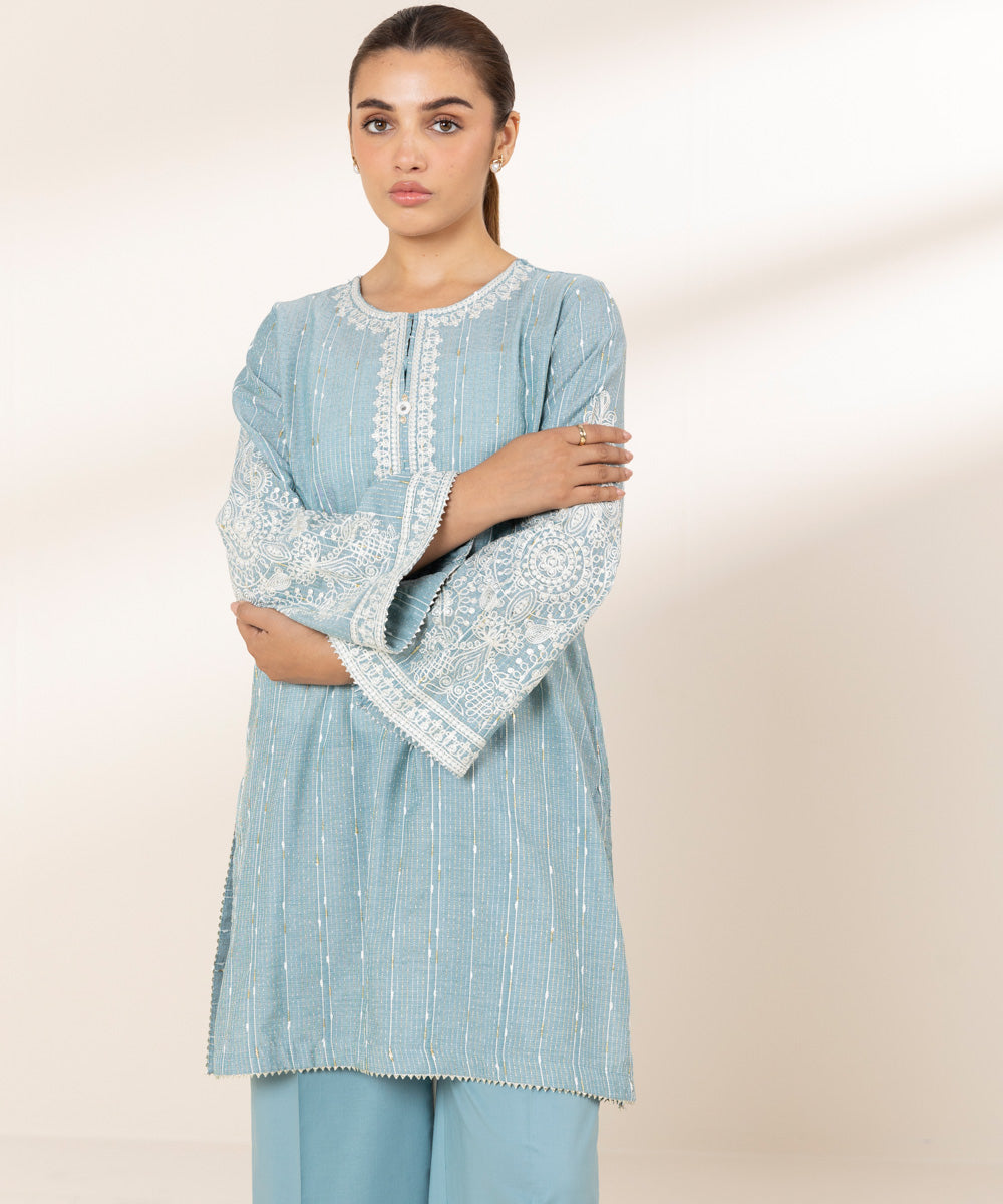 Women's RTW Textured Lawn Blue Embroidered A-Line Shirt