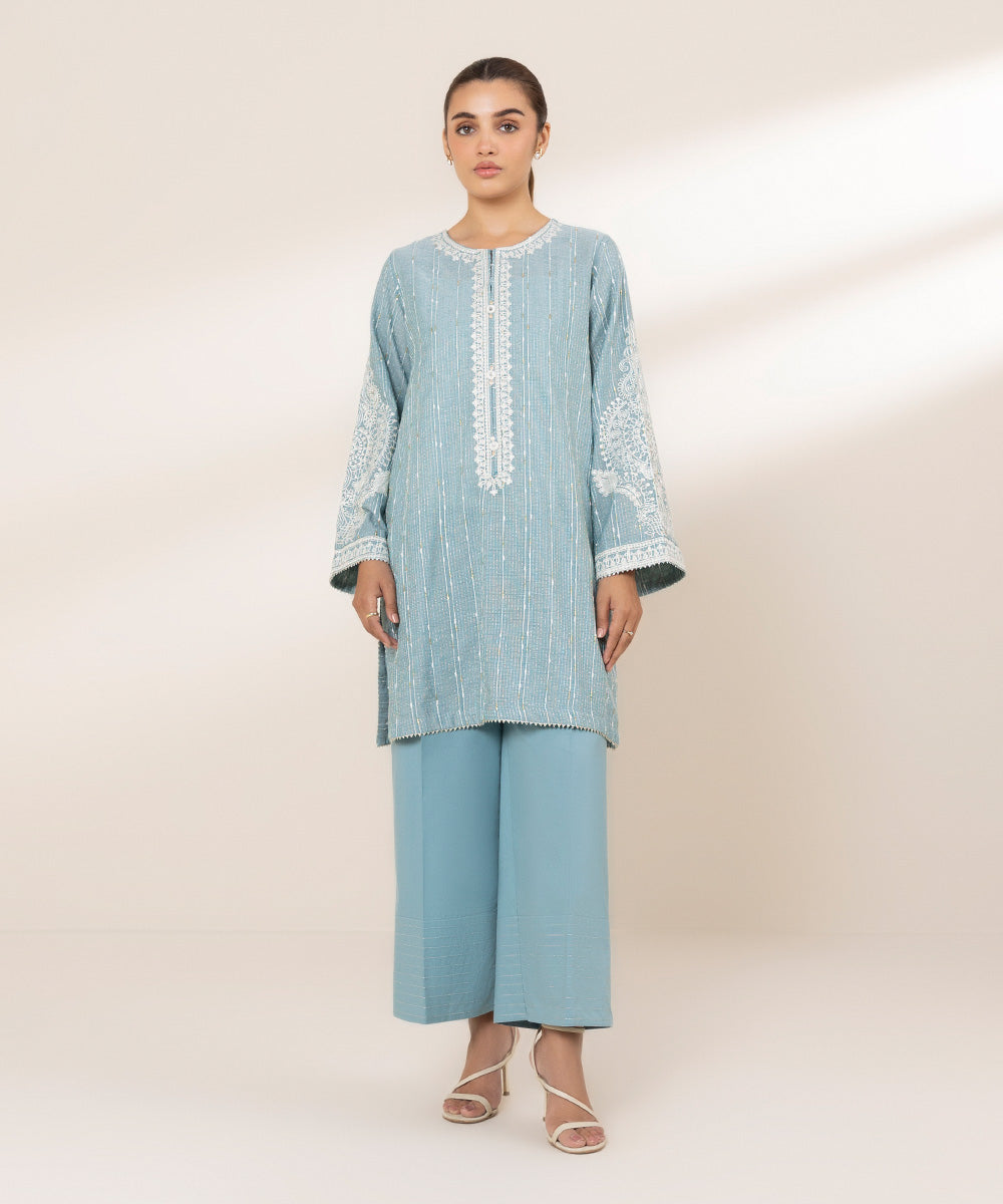 Women's RTW Textured Lawn Blue Embroidered A-Line Shirt
