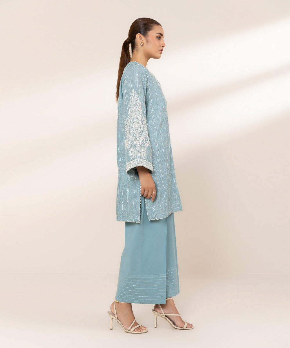 Women's RTW Textured Lawn Blue Embroidered A-Line Shirt