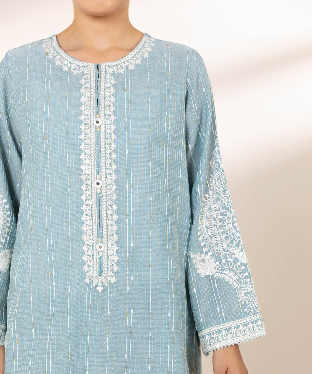 Women's RTW Textured Lawn Blue Embroidered A-Line Shirt