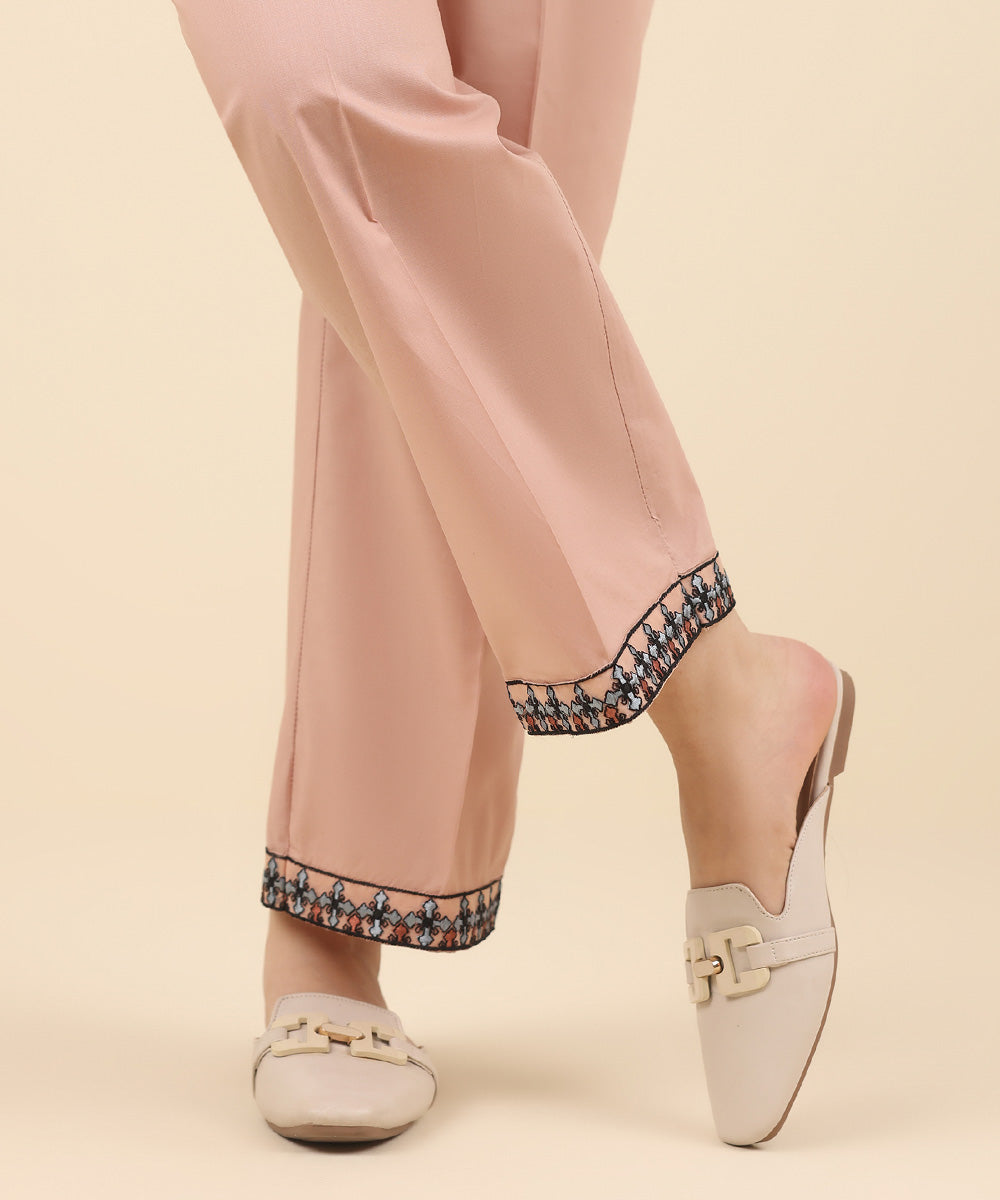 Women's Pret Cambric Pink Embroidered Straight Pants