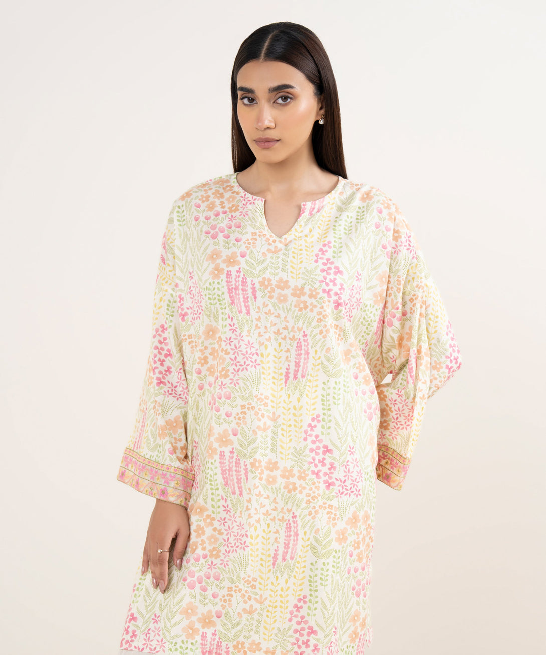 Women's RTW Lawn Off White Embroidered Drop Shoulder Shirt
