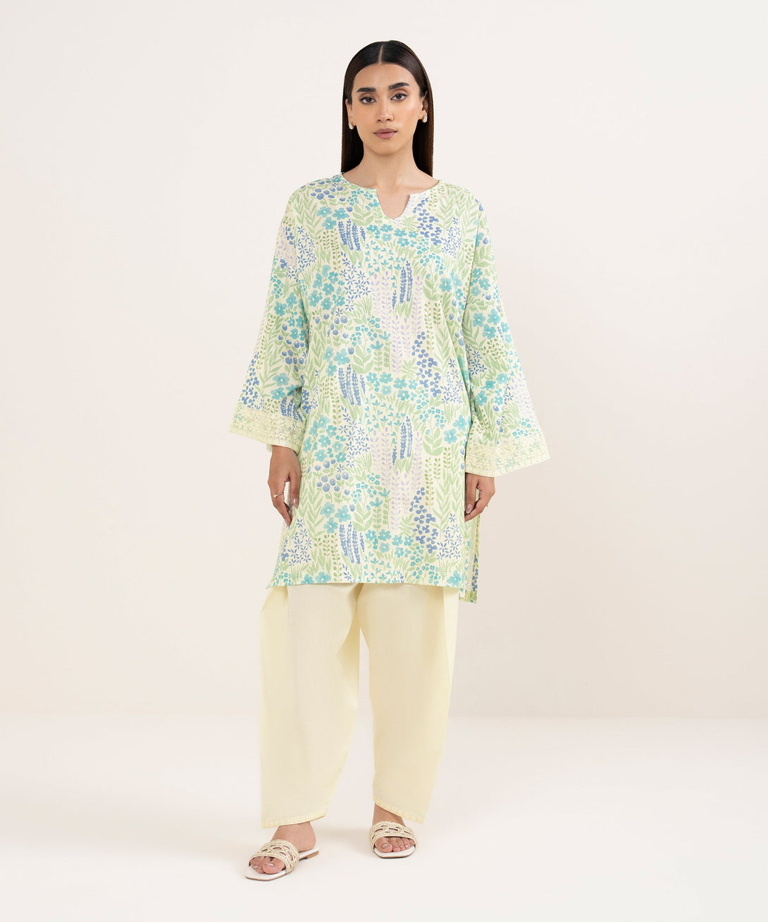 Women's RTW Lawn Off White Embroidered Drop Shoulder Shirt