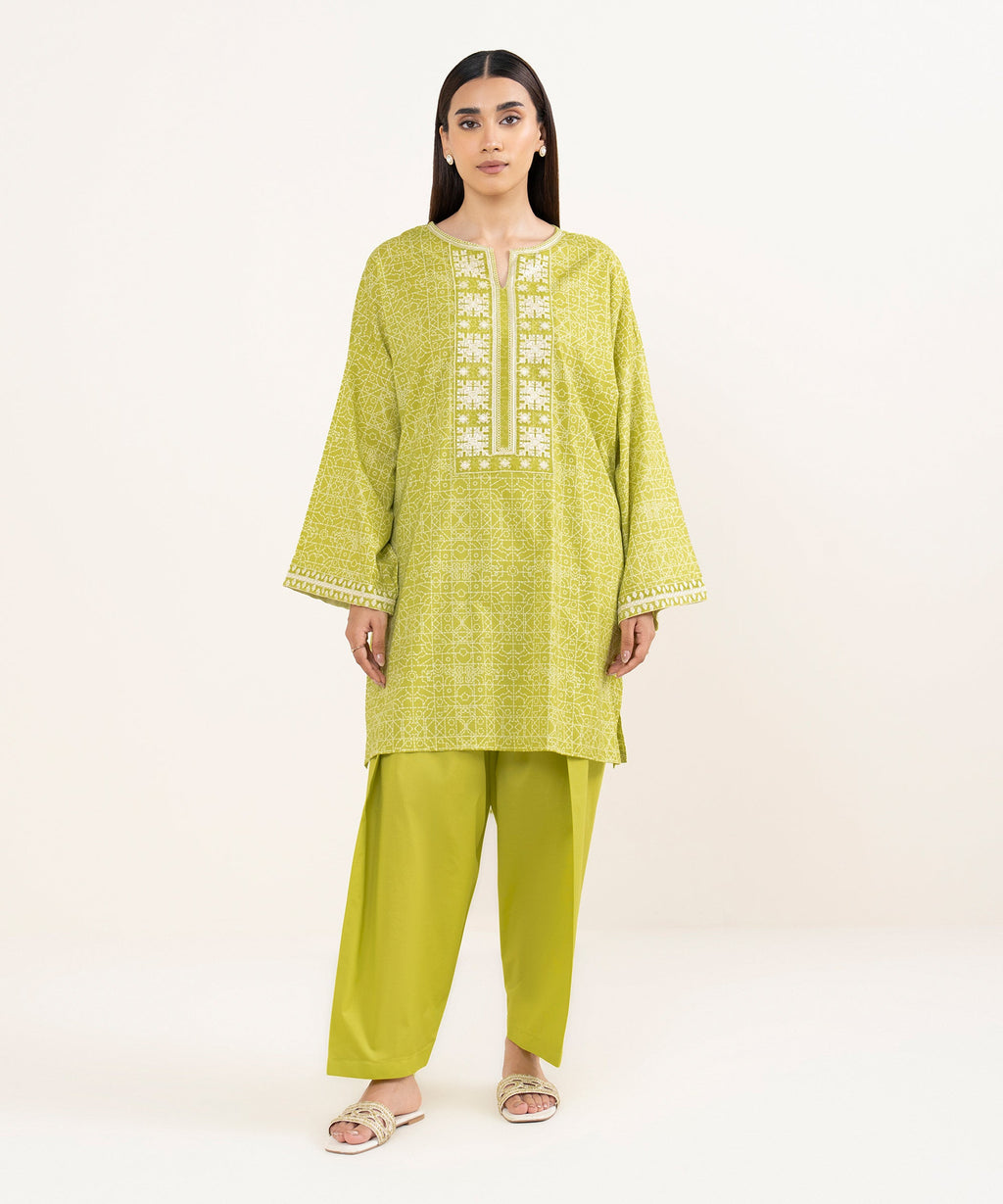 Women's RTW Lawn Green Embroidered Drop Shoulder Shirt
