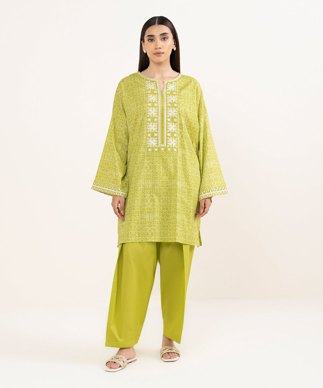 Women's RTW Lawn Green Embroidered Drop Shoulder Shirt