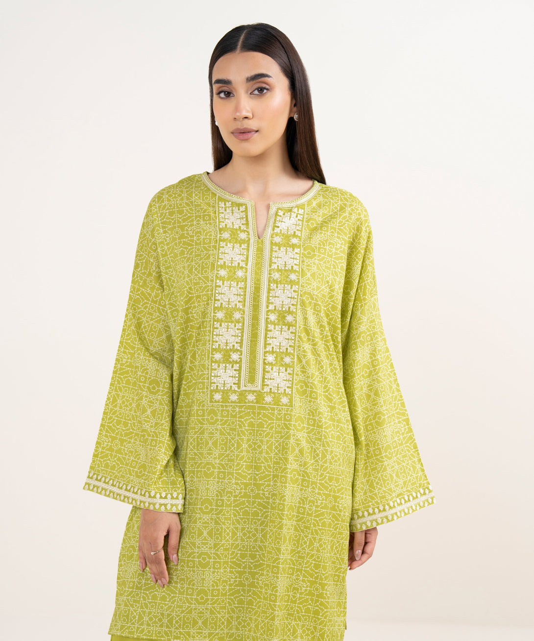 Women's RTW Lawn Green Embroidered Drop Shoulder Shirt