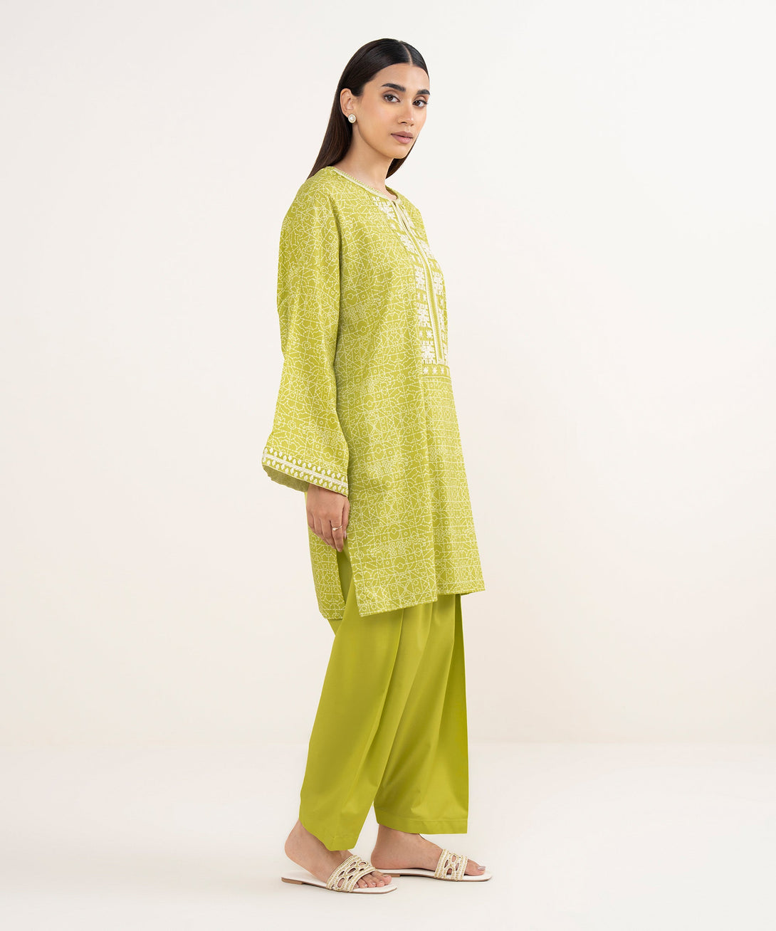 Women's RTW Lawn Green Embroidered Drop Shoulder Shirt