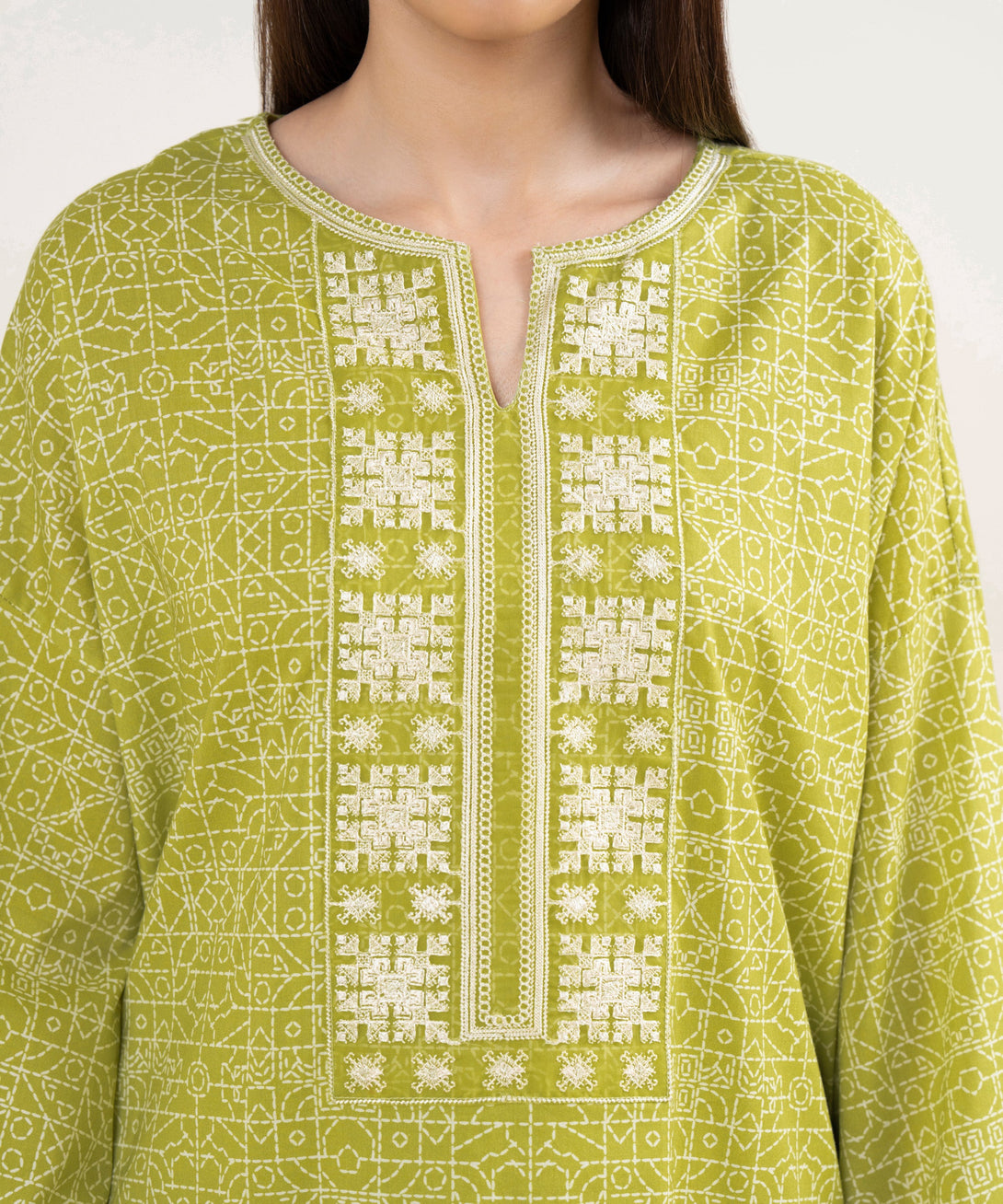 Women's RTW Lawn Green Embroidered Drop Shoulder Shirt