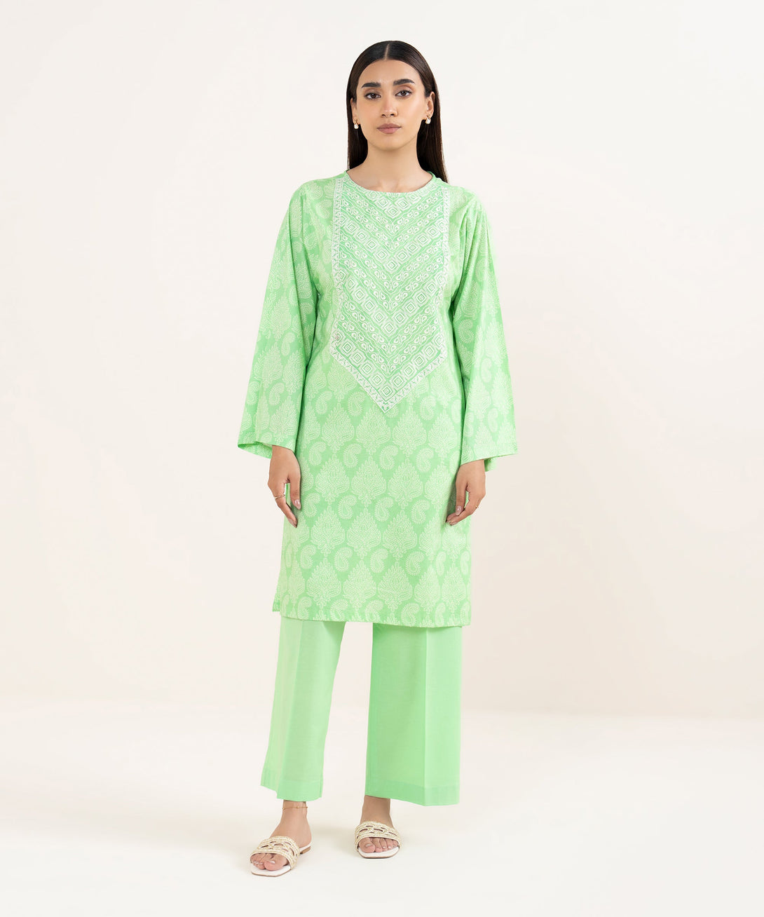 Women's RTW Lawn Green  Embroidered Straight Shirt