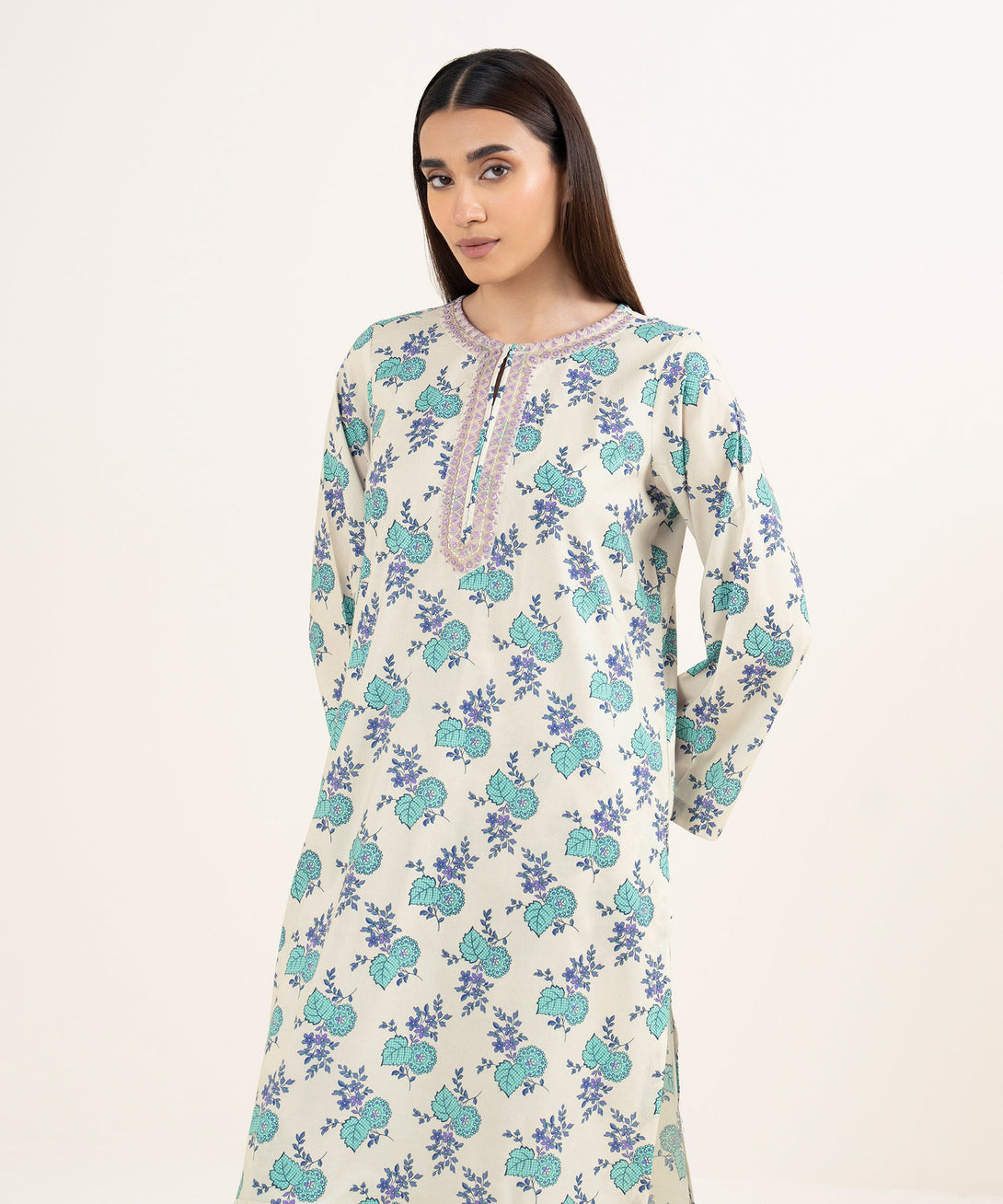 Women's RTW Lawn Beige Embroidered A-Line Shirt