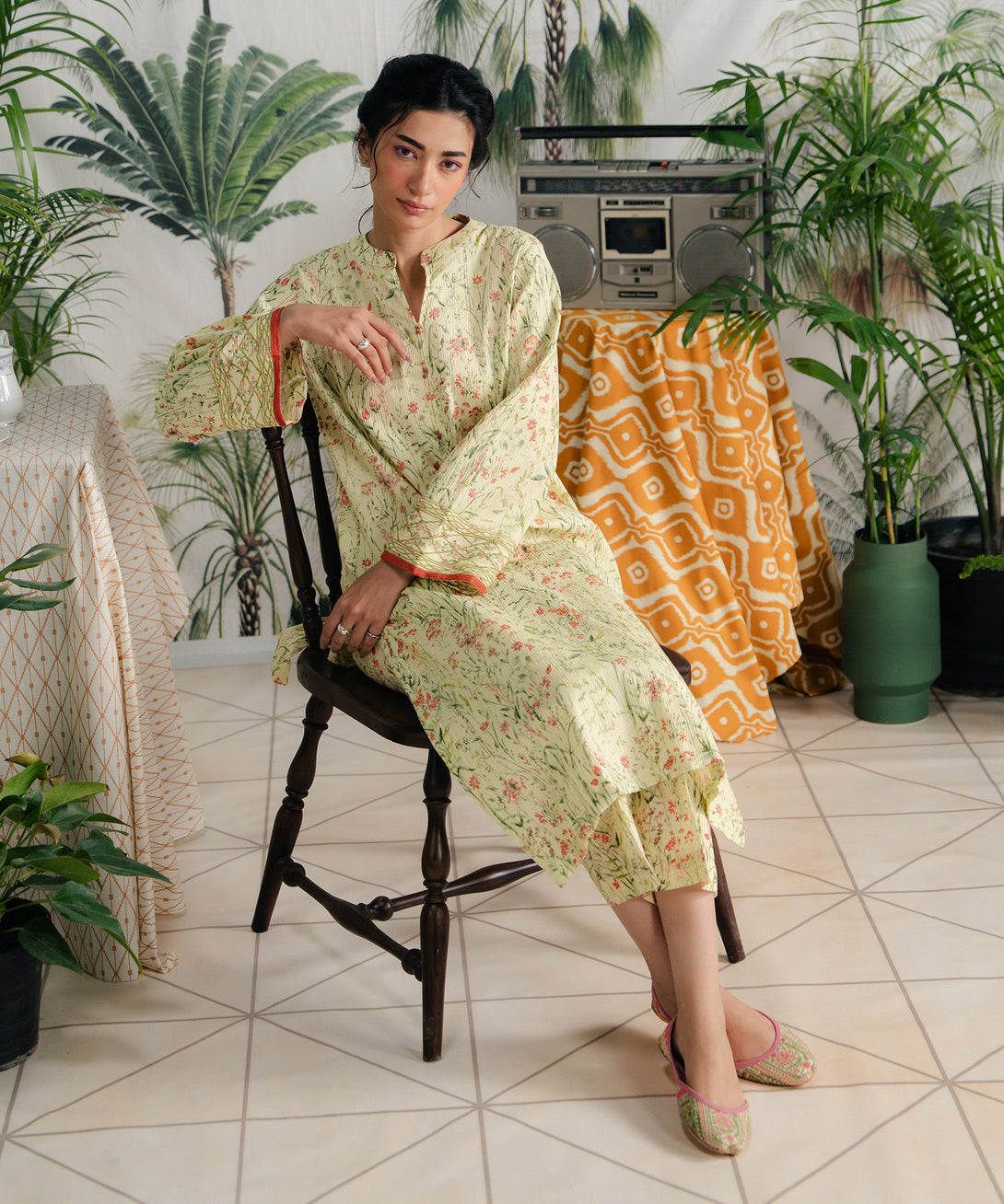 Women's RTW Seersucker Yellow Printed A-Line Shirt