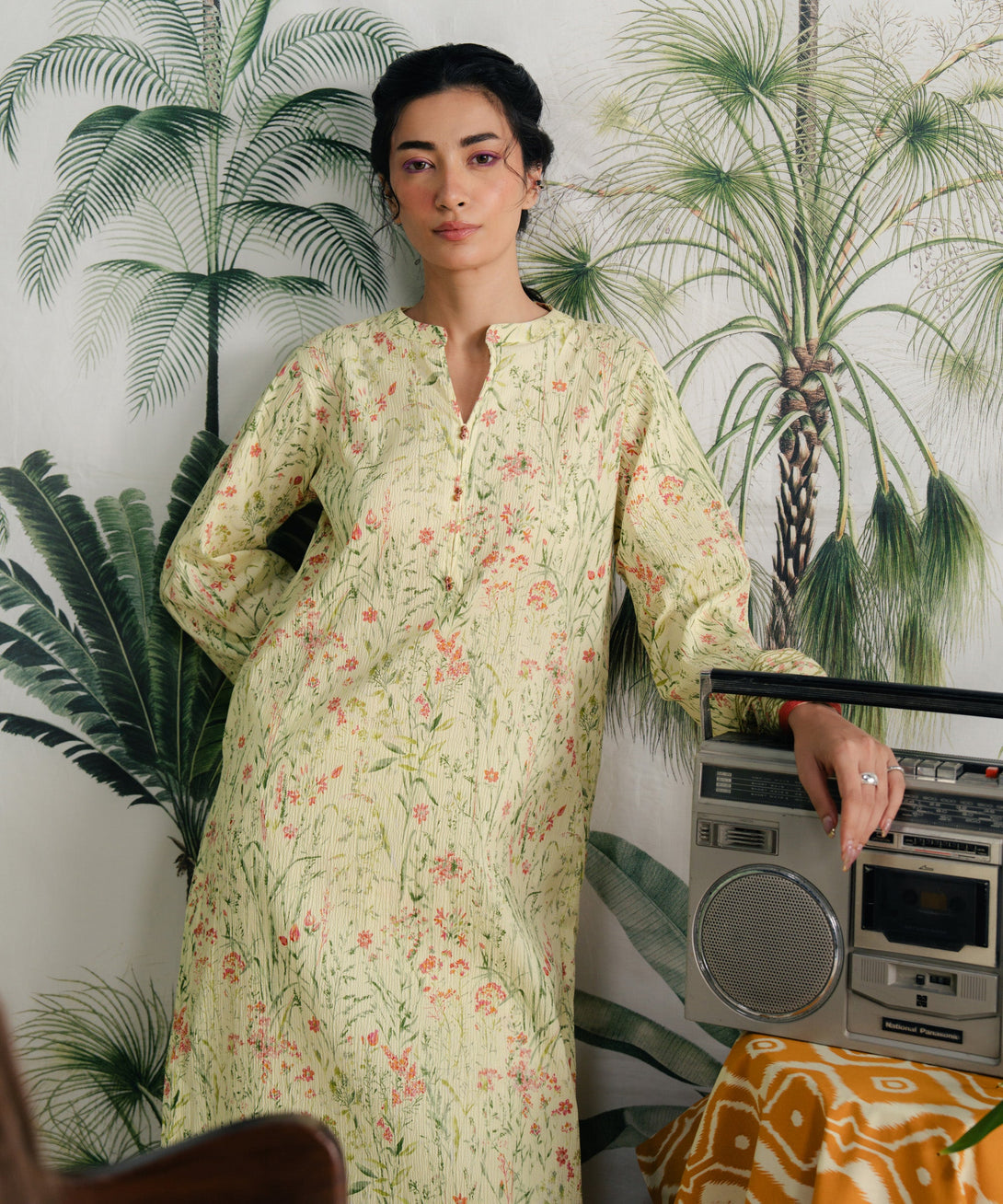 Women's RTW Seersucker Yellow Printed A-Line Shirt