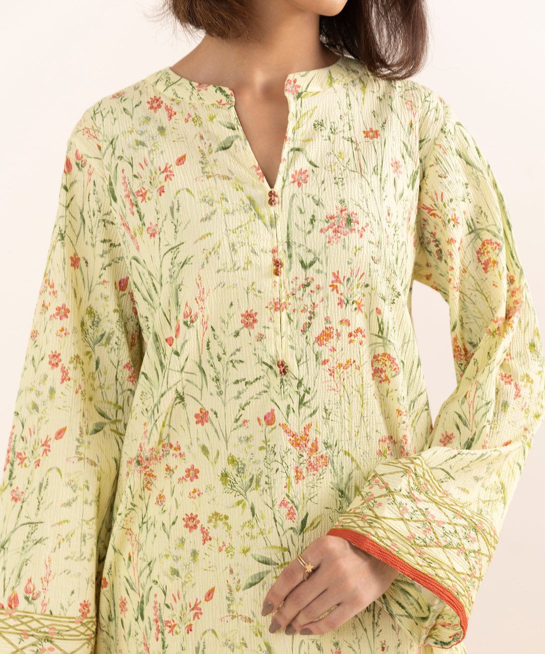 Women's RTW Seersucker Yellow Printed A-Line Shirt
