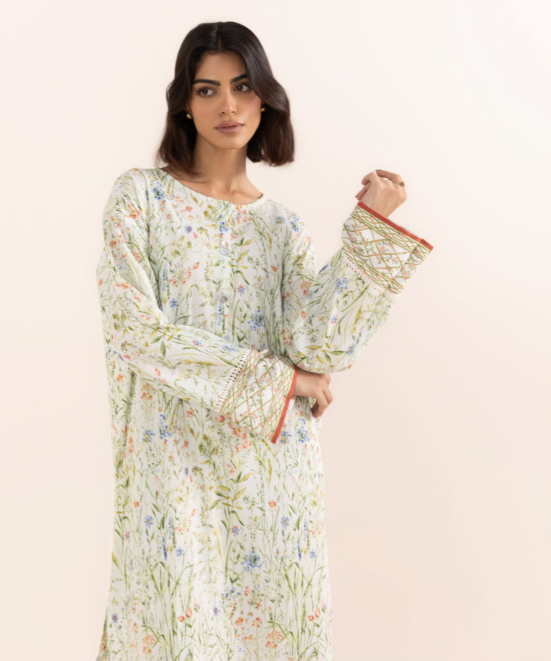 Women's RTW Seersucker Multi Printed Drop Shoulder Shirt