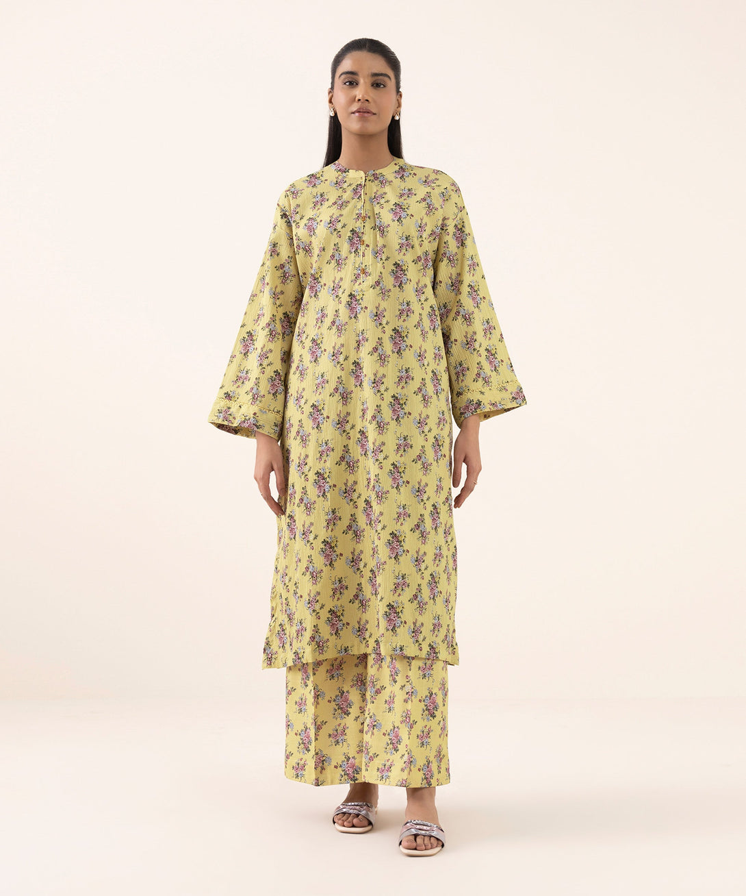 Women's RTW Seersucker Yellow Printed Drop Shoulder Shirt