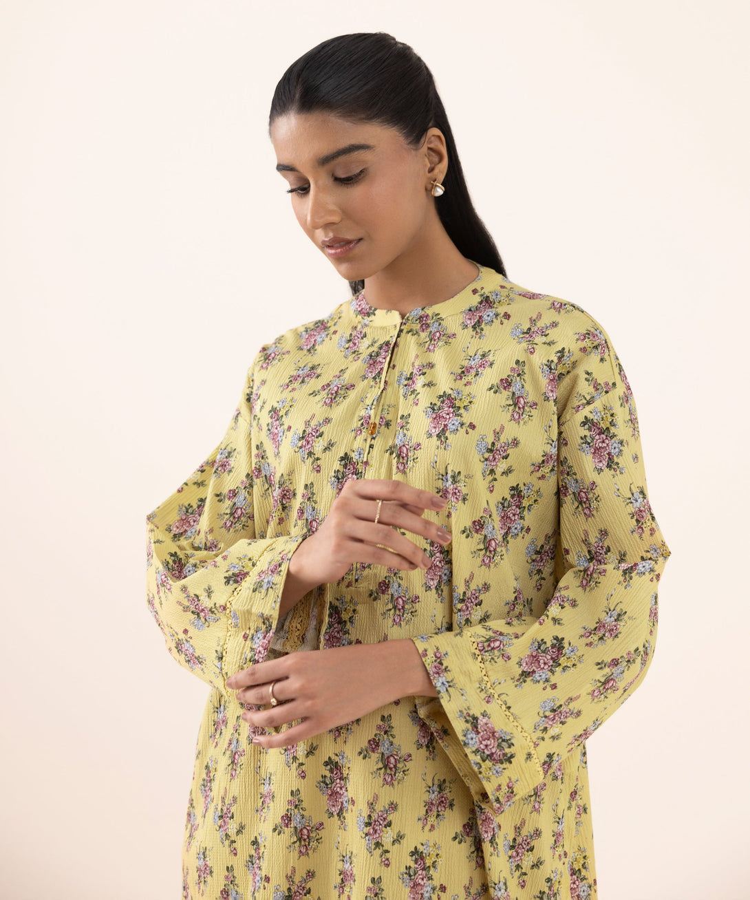 Women's RTW Seersucker Yellow Printed Drop Shoulder Shirt